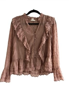 H&M Dusty Rose Ruffled Swiss Dot Blouse